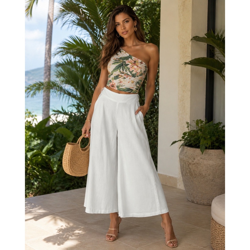DASH Linen Gaucho Pants Womens S White Crop Coastal Minimalist Boho Palazzo